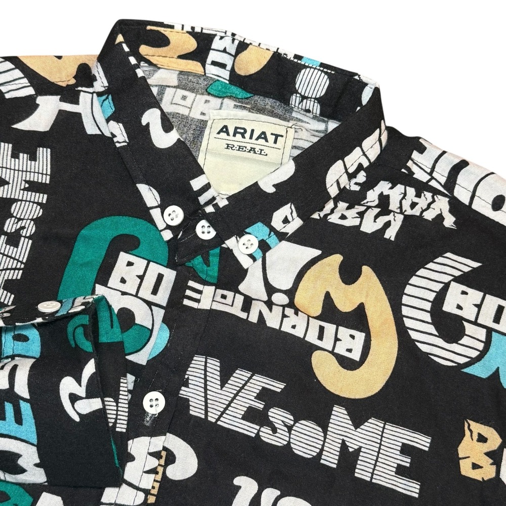 Ariat Real Mens M Born To Be‎ Awesome Typographic Print Button Down Shirt Black